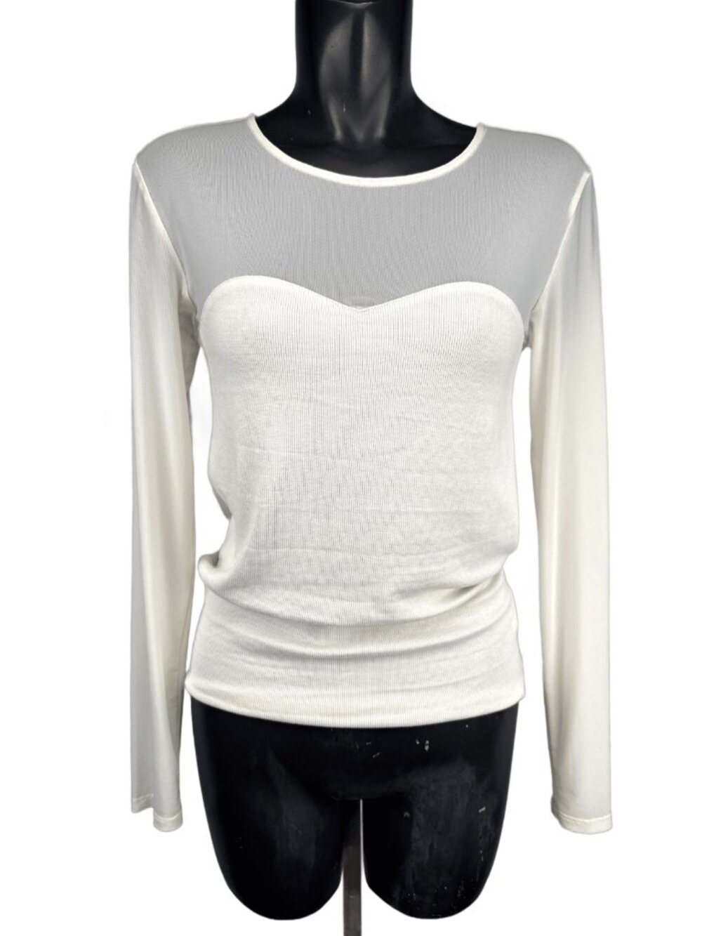 TRISTAN Stretch Knit‎ Sheer Mesh Lace Yoke Long Sleeve Top Ivory White Size L - Picture 3 of 9